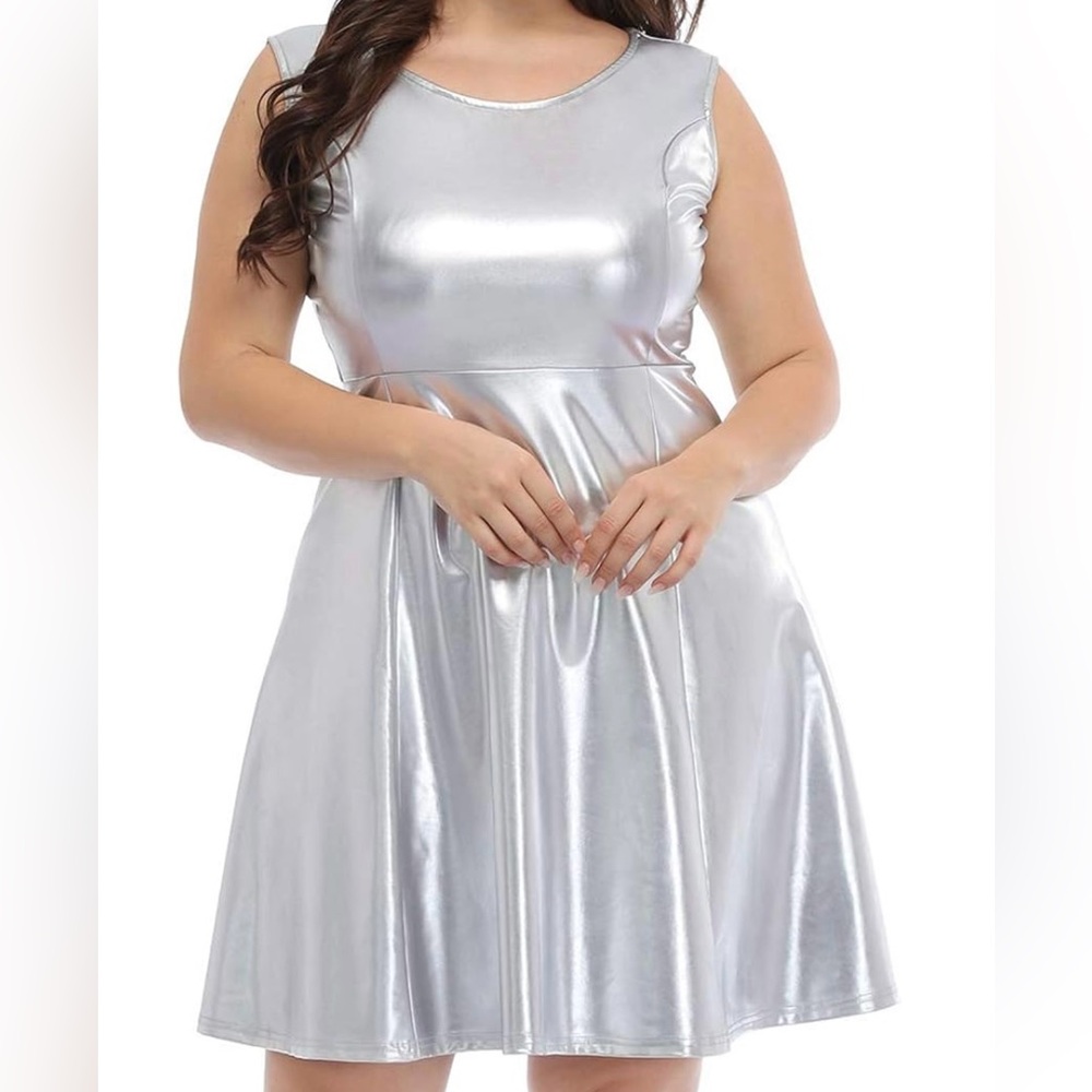 Silver Metallic Sleeveless Skater Dress
